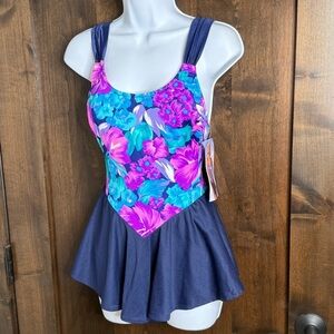 Vintage NWT Vibrant Blue and Purple One Piece Skirt Swimwear with Floral Design